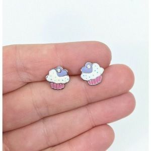 Cupcake shaped Earrings sprinkles rhinestone studs posts silver toned purple